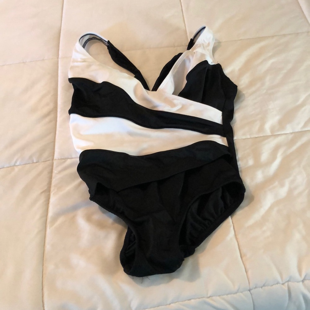 Slimming Black + White Lined One Piece - Like New